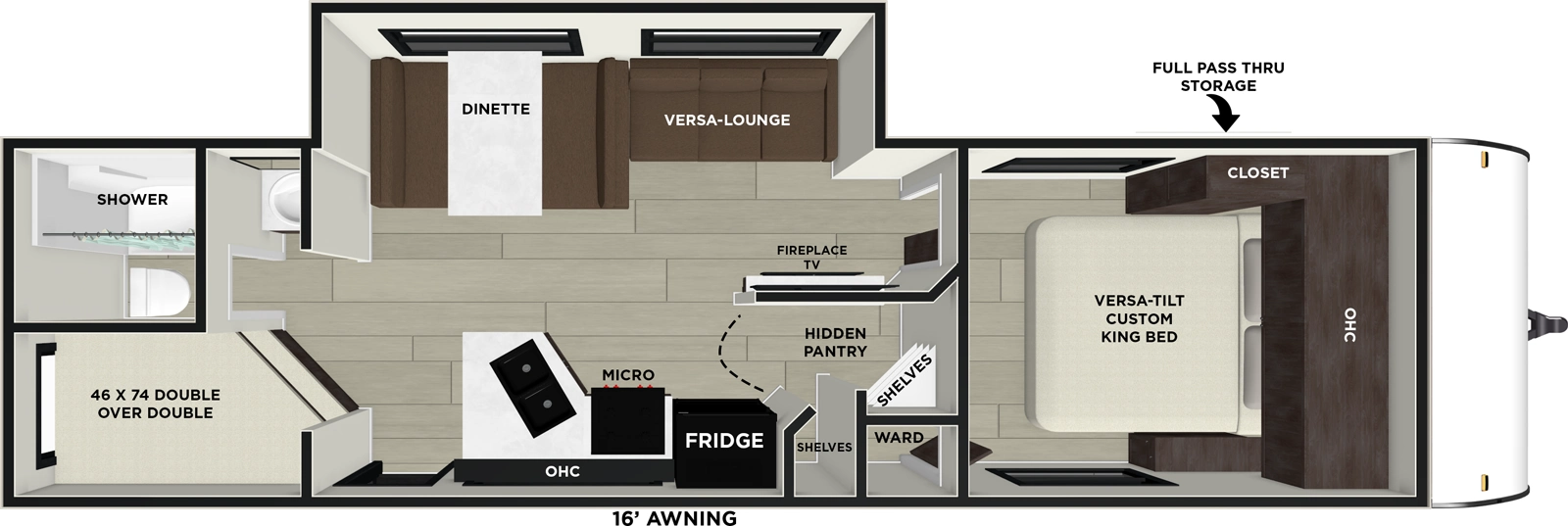 The Evo 26ICE floorplan has one entry and one slide out. Exterior features include: metal exterior and 16' awning. Interiors features include: bunk beds and front bedroom.